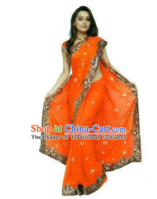 Traditional Asian India Stage Performance Costume Hindustan Indian National Orange Dress Clothing for Women