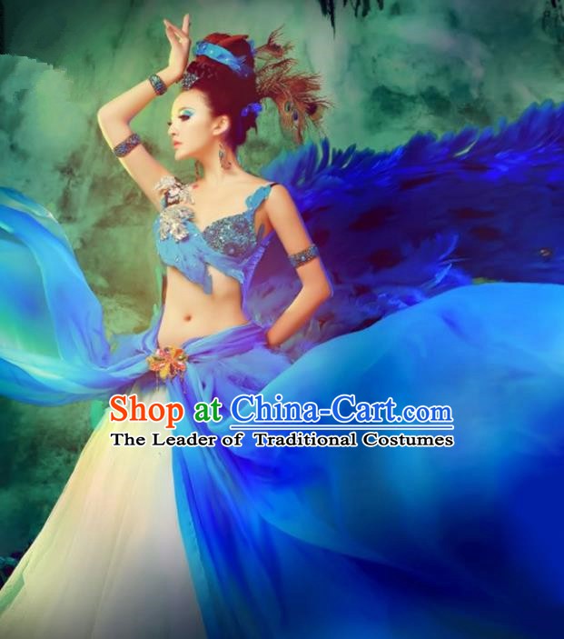 Traditional Chinese Peacock Dance Costume Pavane Blue Dress and Headpiece for Women