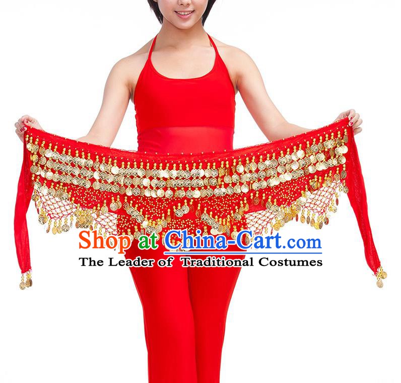 Asian Indian Belly Dance Golden Paillette Red Waistband Accessories India Raks Sharki Belts for Women