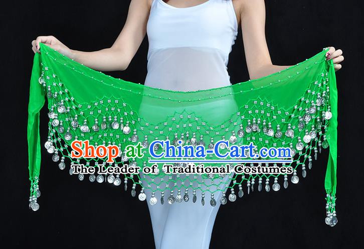 Asian Indian Belly Dance Argent Paillette Green Silk Waistband Accessories India Raks Sharki Belts for Women