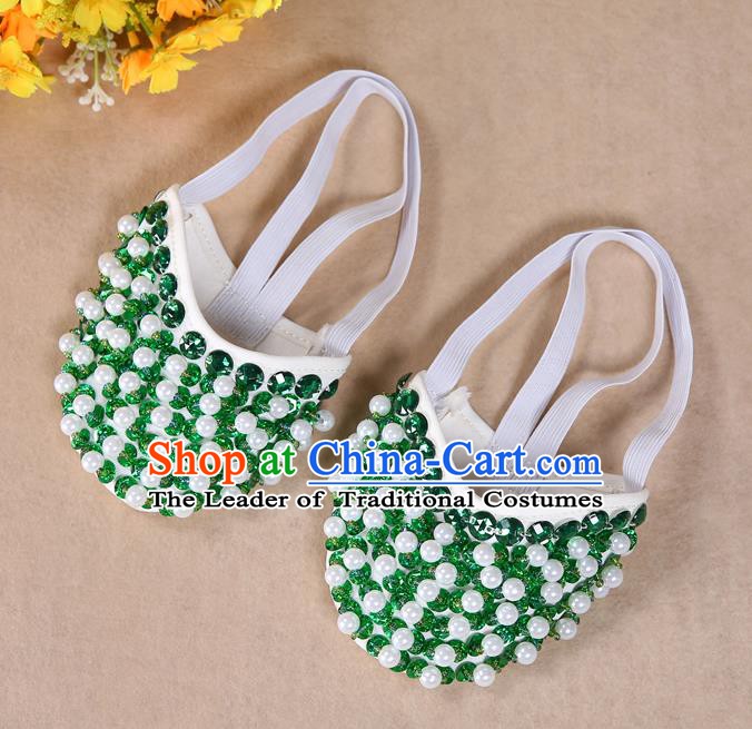 Asian Indian Belly Dance Shoes India Traditional Dance Green Beads Soft Shoes for for Women