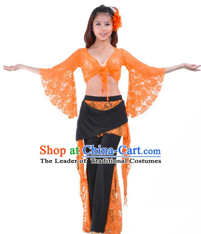 Indian Traditional Belly Dance Orange Lace Clothing Asian India Oriental Dance Costume for Women