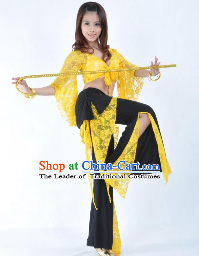 Indian Traditional Belly Dance Yellow Lace Clothing Asian India Oriental Dance Costume for Women