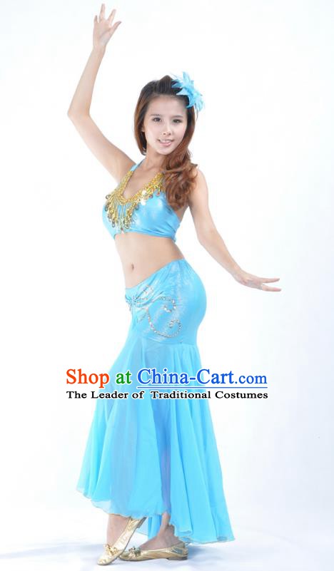 Asian Indian Traditional Belly Dance Costume India Oriental Dance Blue Dress for Women