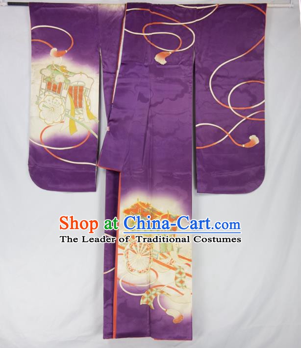 Asian Japanese Traditional Costumes Japan Furisode Kimono Yukata Purple Dress Clothing for Women