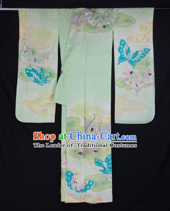 Asian Japanese Traditional Costumes Japan Printing Butterfly Green Furisode Kimono Yukata Dress Clothing for Women