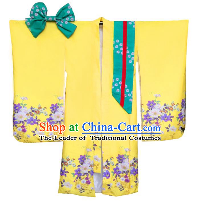 Asian Japanese Traditional Costumes Japan Printing Yellow Furisode Kimono Yukata Dress Clothing for Women
