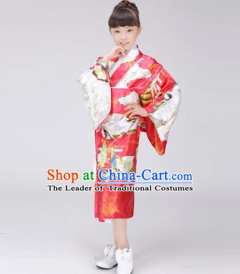 Asian Japanese Traditional Costumes Japan Printing Satin Furisode Kimono Yukata Red Dress Clothing for Kids