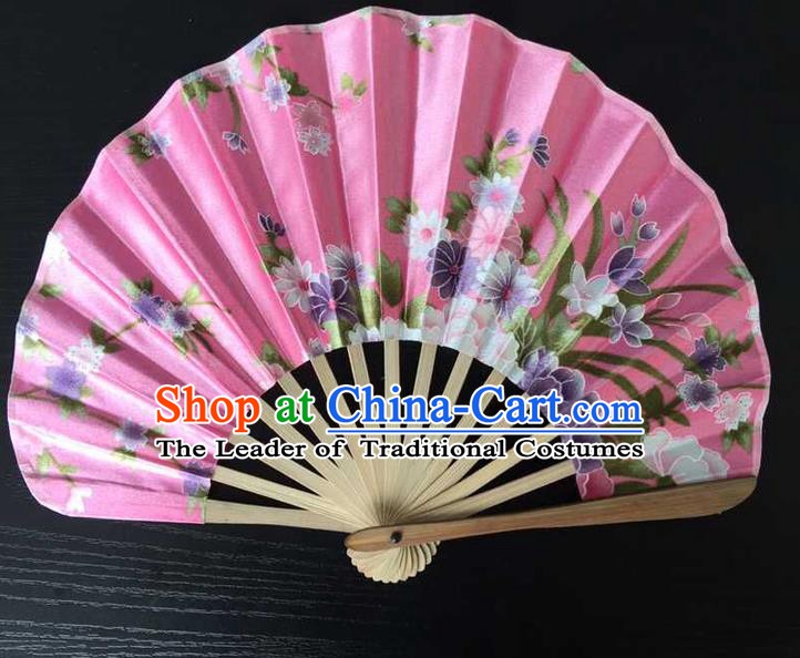 Asian Traditional Folding Fans Kimono Printing Pink Satin Fans Dance Fan for Women