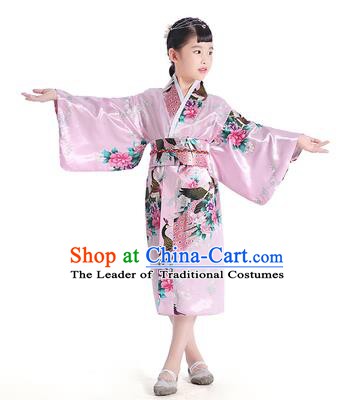 Asian Japanese Traditional Costumes Japan Satin Furisode Kimono Yukata Printing Peony Pink Dress Clothing for Kids