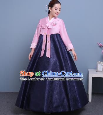 Asian Korean Court Costumes Traditional Korean Hanbok Clothing Pink Blouse and Navy Dress for Women