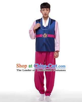 Asian Korean Palace Costumes Traditional Korean Bridegroom Navy Hanbok Clothing for Men