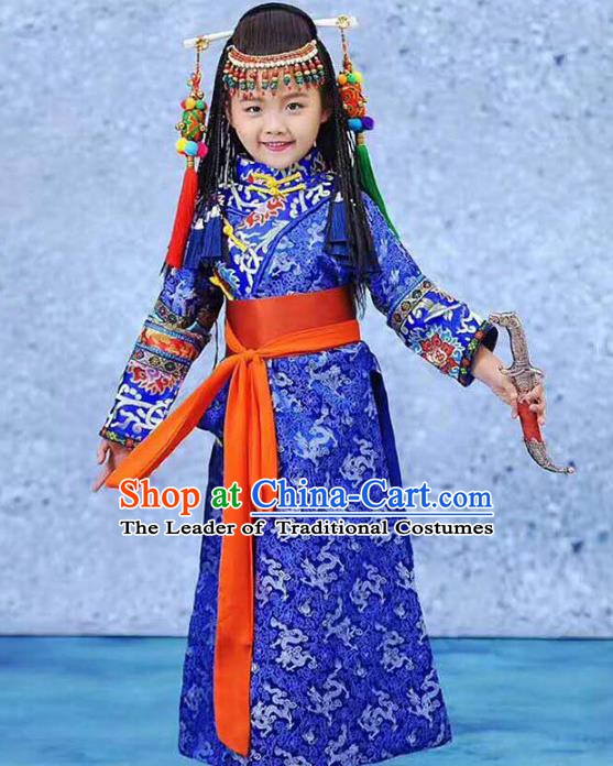 Traditional Chinese Mongol Nationality Dance Costume, Mongols Children Mongolian Minority Clothing for Kids
