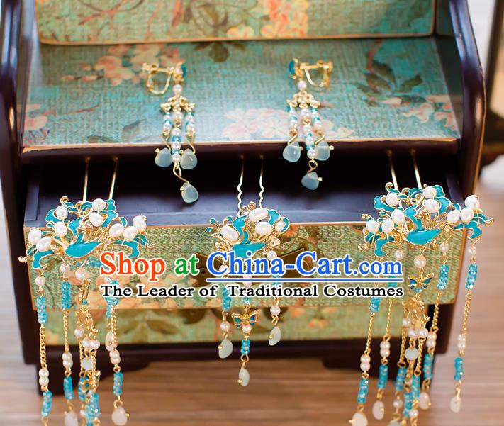 Chinese Handmade Classical Wedding Hair Accessories Ancient Blue Tassel Hairpins Step Shake for Women