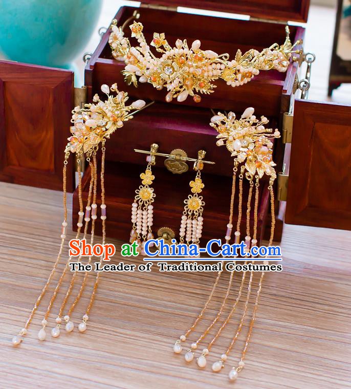 Chinese Handmade Classical Hair Accessories Ancient Palace Pearls Tassel Phoenix Coronet Hairpins for Women
