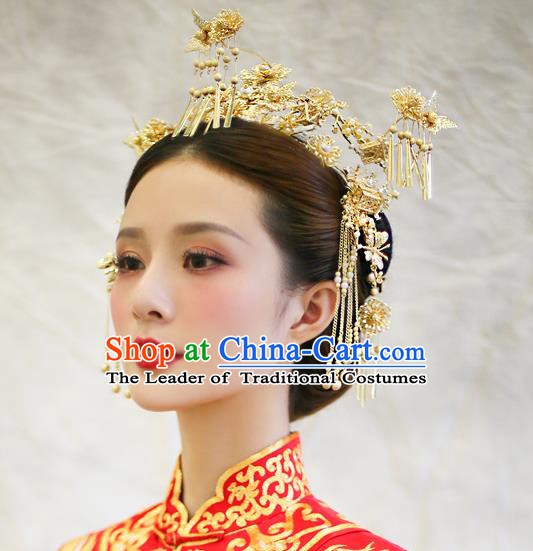 Chinese Handmade Classical Hair Accessories Ancient Palace Golden Phoenix Coronet Hairpins for Women