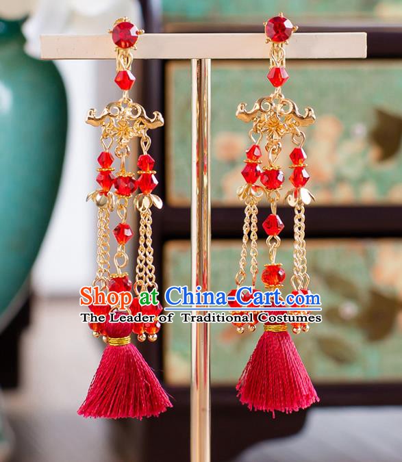 Handmade Classical Wedding Accessories Bride Red Tassel Golden Earrings for Women