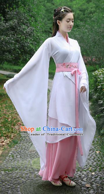 Traditional Chinese Ancient Han Dynasty Palace Lady Clothing Embroidered White Curving-front Robe for Women