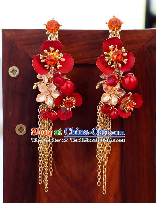 Handmade Classical Wedding Accessories Bride Tassel Red Flowers Earrings for Women