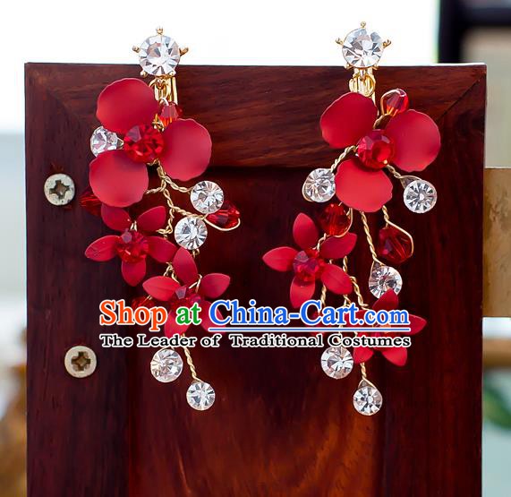 Handmade Classical Wedding Accessories Bride Tassel Red Flowers Crystal Earrings for Women