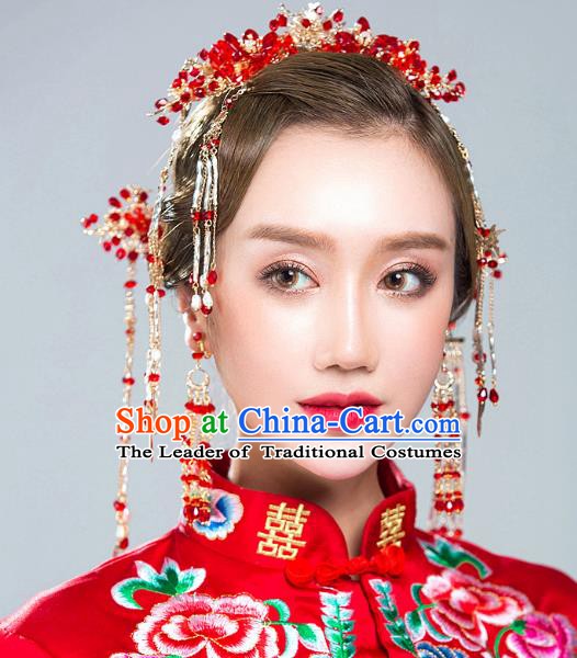 Chinese Handmade Classical Hair Accessories Ancient Red Crystal Hair Clasp Tassel Hairpins for Women