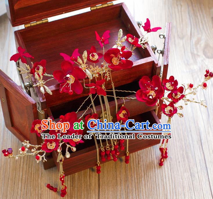 Chinese Handmade Classical Hair Accessories Ancient Bride Red Flowers Hair Coronet Tassel Hairpins for Women