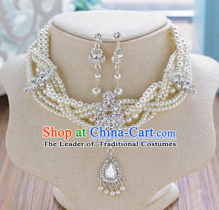 Handmade Classical Wedding Accessories Bride Pearls Necklace and Crystal Earrings for Women