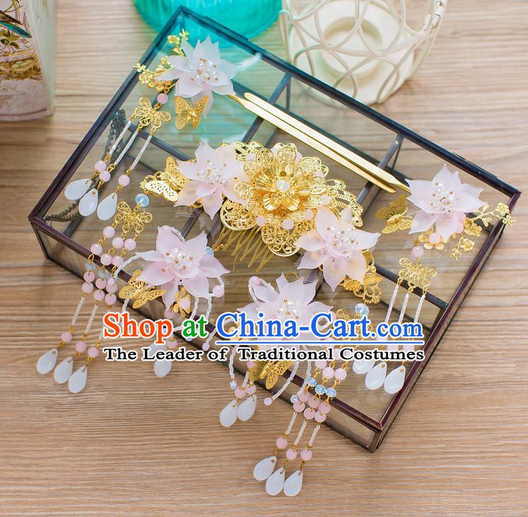 Chinese Handmade Classical Hair Accessories Ancient Pink Lotus Hair Comb Tassel Hairpins for Women