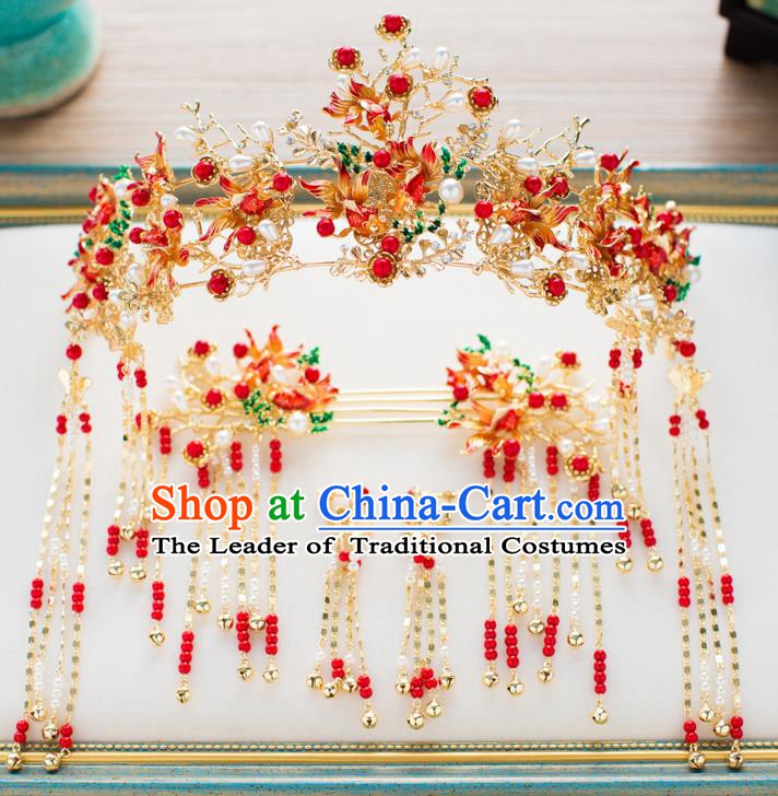 Chinese Handmade Classical Hair Accessories Wedding Bride Phoenix Coronet Hairpins Complete Set