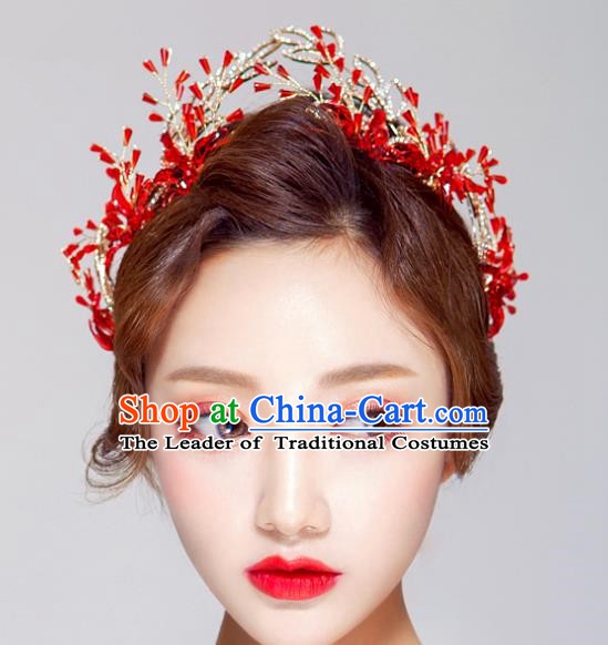 Handmade Classical Hair Accessories Baroque Bride Red Royal Crown Headwear for Women