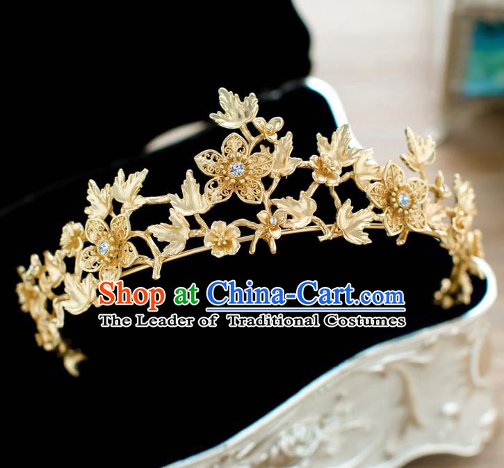 Handmade Classical Hair Accessories Baroque Bride Golden Flowers Royal Crown Headwear for Women