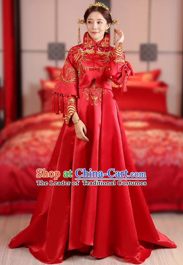 Traditional Chinese Wedding Costume Ancient Bride Trailing Red Dress Embroidered Xiuhe Suits for Women