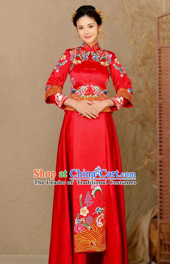 Traditional Chinese Wedding Costume Ancient Bride Toast Cheongsam Embroidered Peony Xiuhe Suits for Women