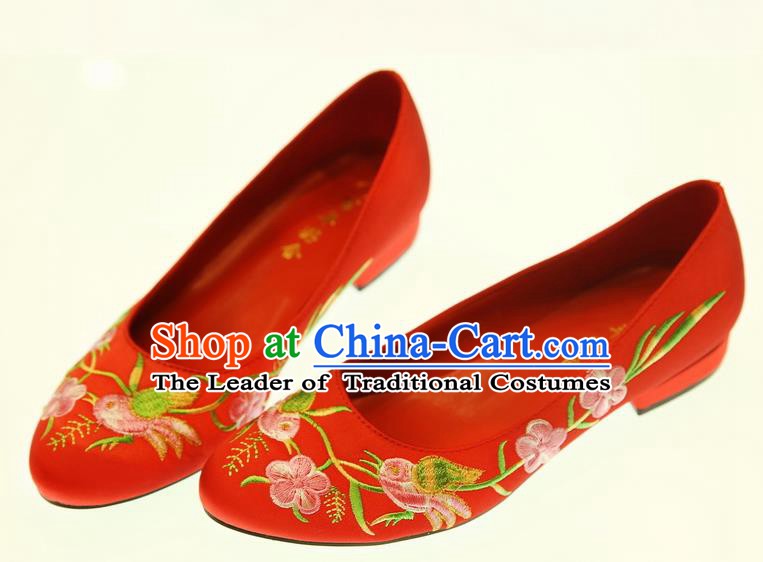 Asian Chinese Wedding Red Shoes Embroidered Flowers Birds Shoes Hanfu Shoes for Women