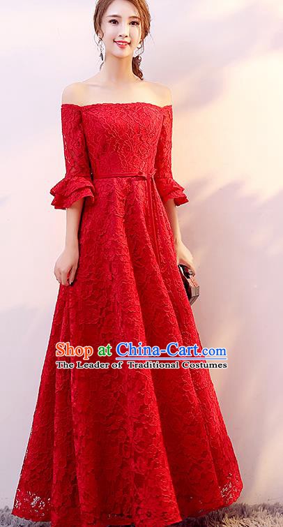 Top Grade Modern Dance Chorus Compere Costume Bride Toast Red Lace Dress for Women