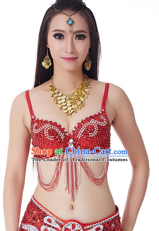 Indian Bollywood Belly Dance Red Tassel Brassiere Asian India Oriental Dance Costume for Women