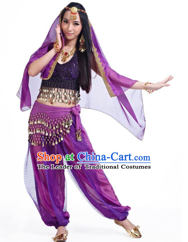 Traditional Indian Belly Dance Sequined Purple Dress Asian India Oriental Dance Costume for Women