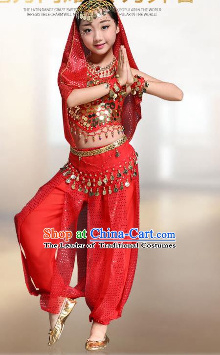 Traditional Indian National Belly Dance Red Clothing India Oriental Dance Costume for Kids