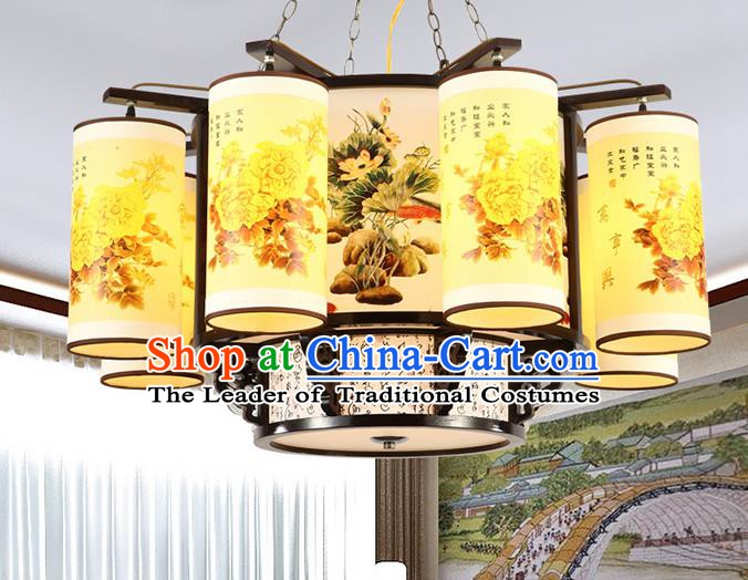 Traditional Chinese Printing Peony Eight-lights Ceiling Palace Lanterns Handmade Wood Lantern Ancient Lamp