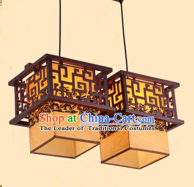 Traditional Chinese Two-Lights Palace Lanterns Handmade Wood Hanging Lantern Ancient Ceiling Lamp