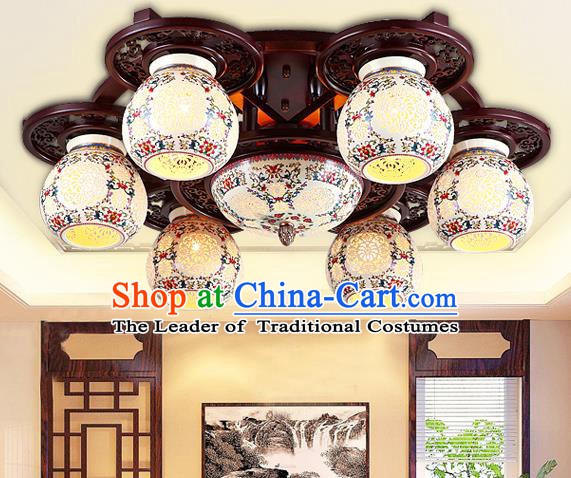 Traditional Chinese Six-Lights Ceiling Palace Lanterns Handmade Porcelain Lantern Ancient Lamp