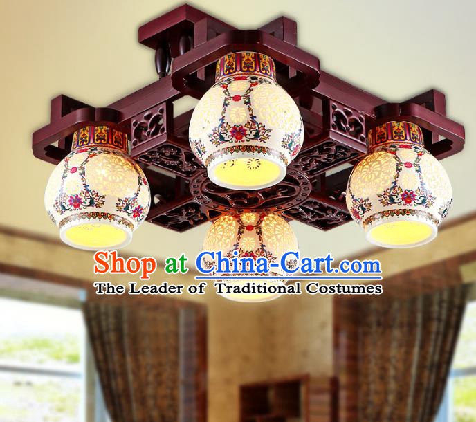 Traditional Chinese Porcelain Ceiling Palace Lanterns Handmade Four-Lights Lantern Ancient Lamp