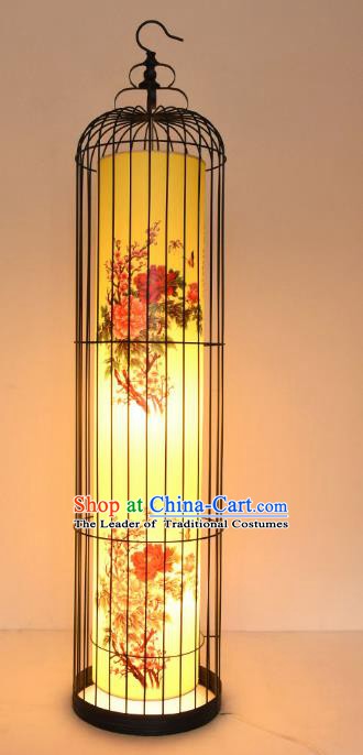 Traditional Asian China Painting Peony Lanterns Handmade Birdcage Lantern Ancient Floor Lamp