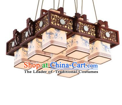 Traditional Chinese Handmade Nine-Lights Hanging Lantern Painting Lotus Wood Lantern Ancient Palace Ceiling Lanterns