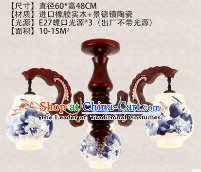 Traditional Chinese Handmade Three-Lights Lantern Painting Lotus Lantern Ancient Palace Ceiling Lanterns