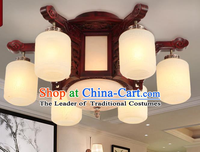 Traditional Chinese Handmade Six-Lights Ceiling Lantern Rosewood Marble Palace Lanterns Ancient Lamp