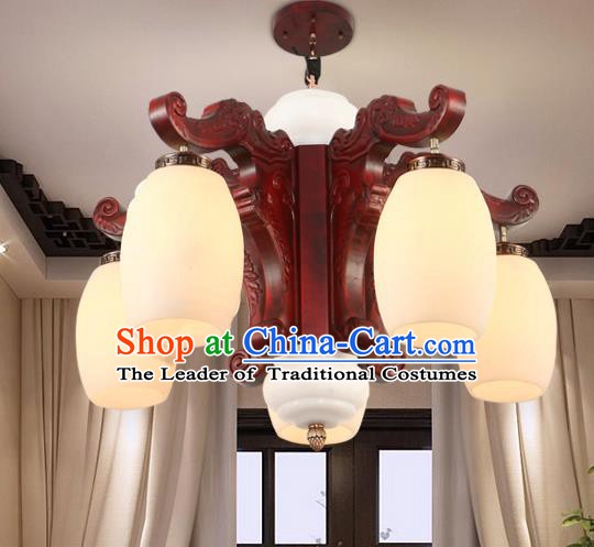 Traditional Chinese Handmade Marble Ceiling Lantern Five-Pieces Palace Lanterns Ancient Wood Lamp