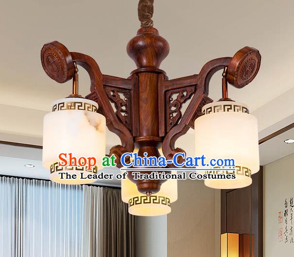 Traditional Chinese Handmade Palace Marble Ceiling Lantern Wood Three-Pieces Lanterns Ancient Lamp