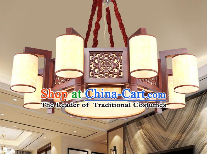 Traditional Chinese Handmade Palace Lantern Eight-Lights Lanterns Ancient Wood Hanging Lamp