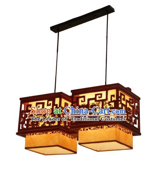 Traditional Chinese Parchment Palace Lantern Handmade Two-Lights Wood Ceiling Lanterns Ancient Lamp
